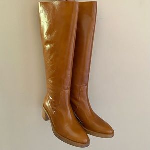 Zara tan leather knee high boots with low heel